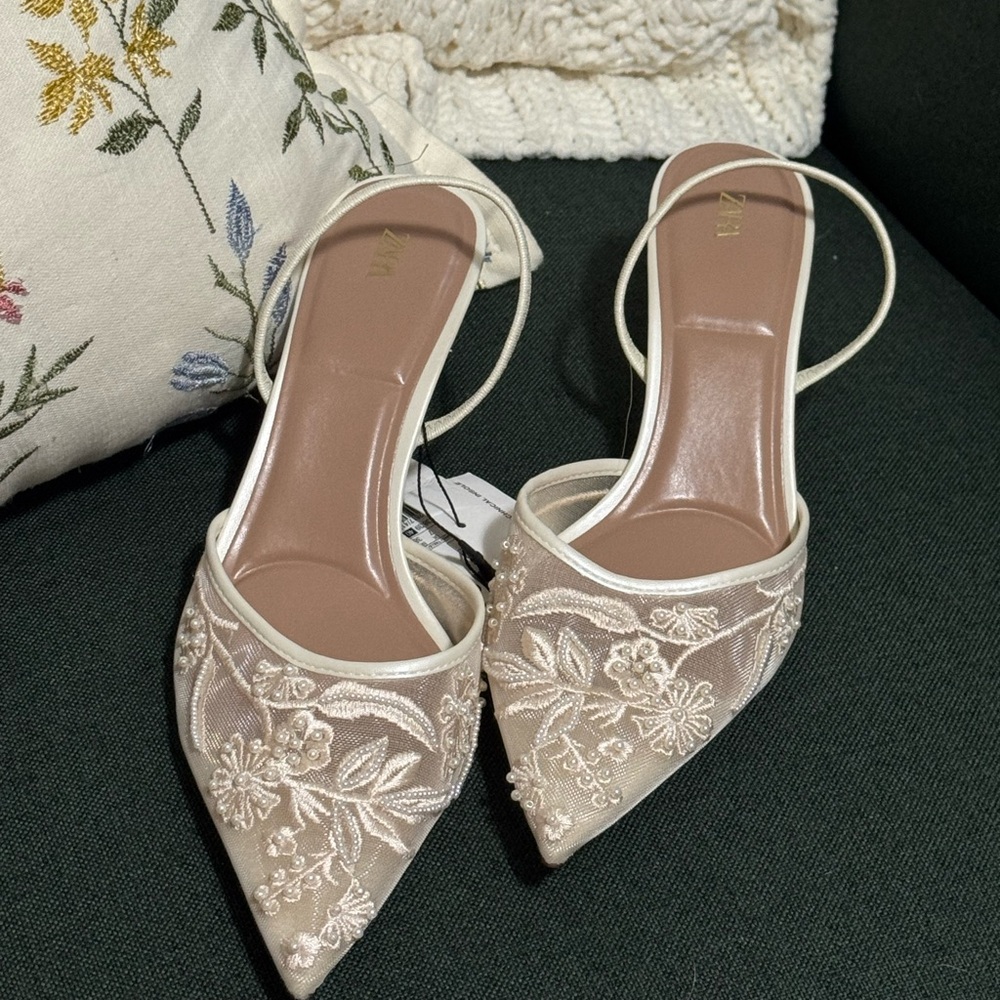 Zara Cream Floral Embroidered Heels